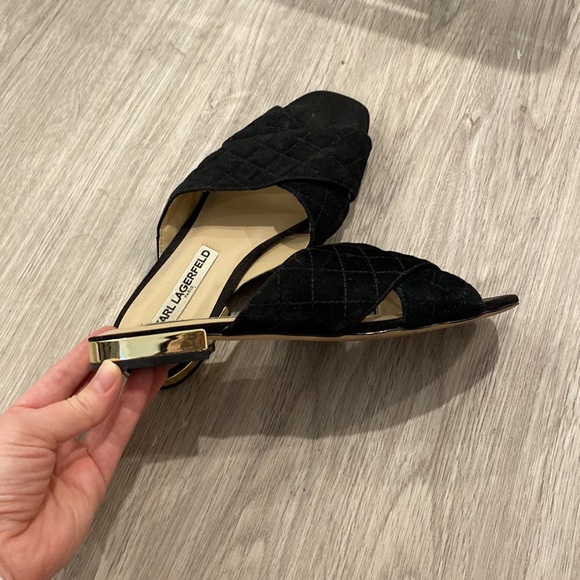 Karl Lagerfeld | Paris Rae Black Leather Quilted Criss Cross Sandals | Size 7 - Picture 3 of 5